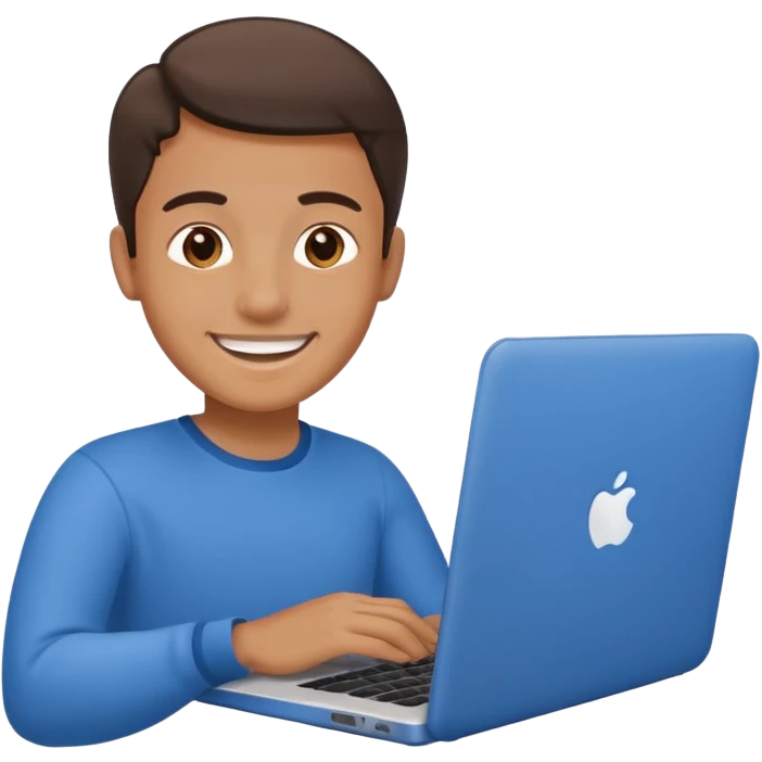 a person smiling while work on a blue laptop emoji
