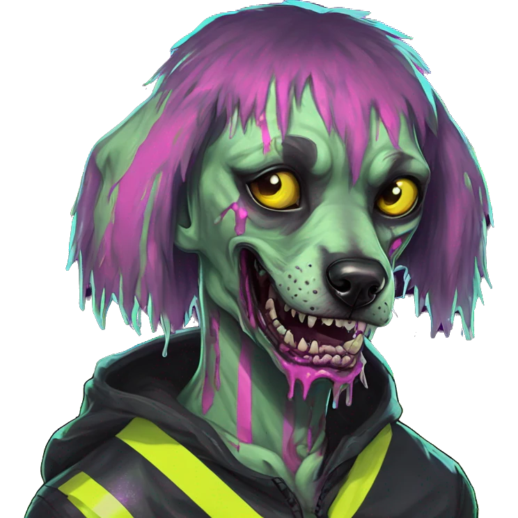 .Zombie_ Vaporwave black holographic oilslick zombie dog yellow caution tape graffiti neon yellow stripes emoji