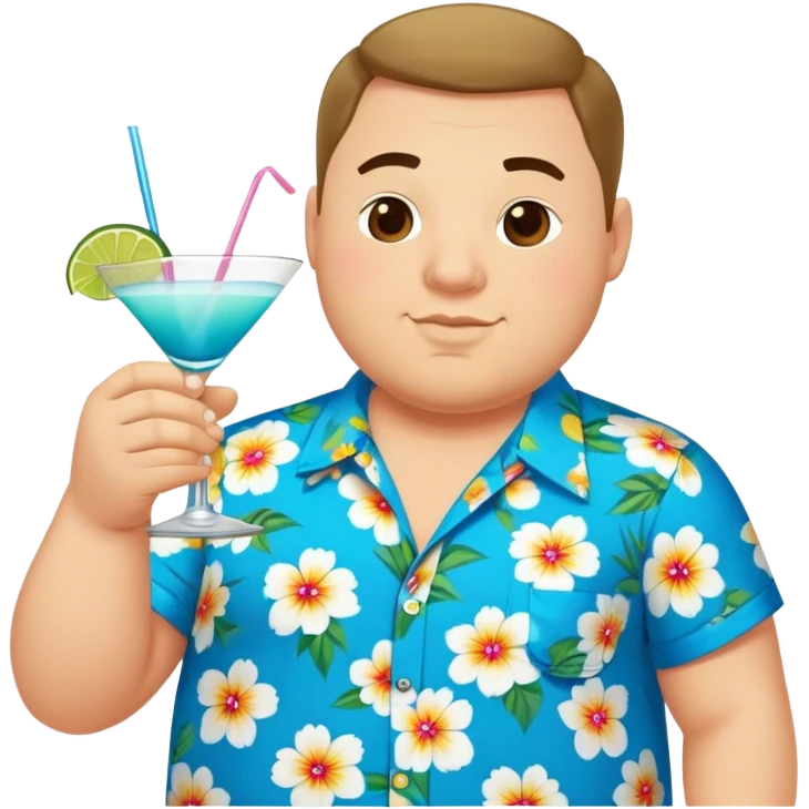 chubby guy full figure in a flowered azure havai shirt holding a cocktail emoji