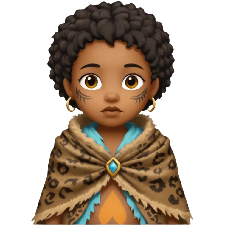 ancient hairy black baby tatooed girl, tattered animal skin shawl emoji