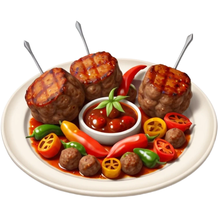Akçaabat meatballs object icon, grilled Turkish kofte pieces on a plate, smoky char marks, juicy texture, served with grilled peppers and tomatoes, 3D cartoon, mobile game icon style, centered, clean background, no text, no watermark
 emoji