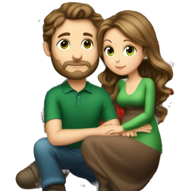A guy sitting on top of a Christmas tree, kissing the most beautiful lady in the planet and she has brown hair and green eyes and is wearing a very pretty Christmas dress and she is pregnant emoji