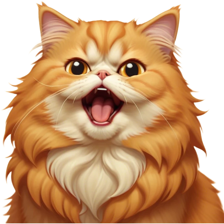 Cinematic Derpy Grumpy Comical Orange Persian Cat Portrait Emoji, Head tilted playfully with an adorably awkward yawning expression, fluffy orange fur with soft cream and golden undertones, Simplified yet hilariously derpy features, highly detailed, glowing with a warm but slightly confused glow, high shine, a mix of lazy and clueless, stylized with a touch of whimsy, bright but with a completely derpy and grumpy face, soft glowing outline, capturing the essence of a quirky yet chubby, grumpy kitty, so endearing it feels like it could stretch out of the screen and demand attention with its wonderfully derpy charm while yawning! emoji