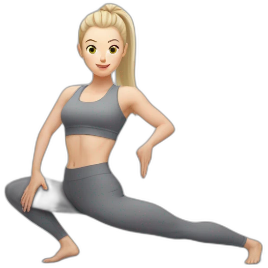Pale skinned fit woman In a gray tight yoga suit With ash blonde hair in a ponytail doing yoga emoji