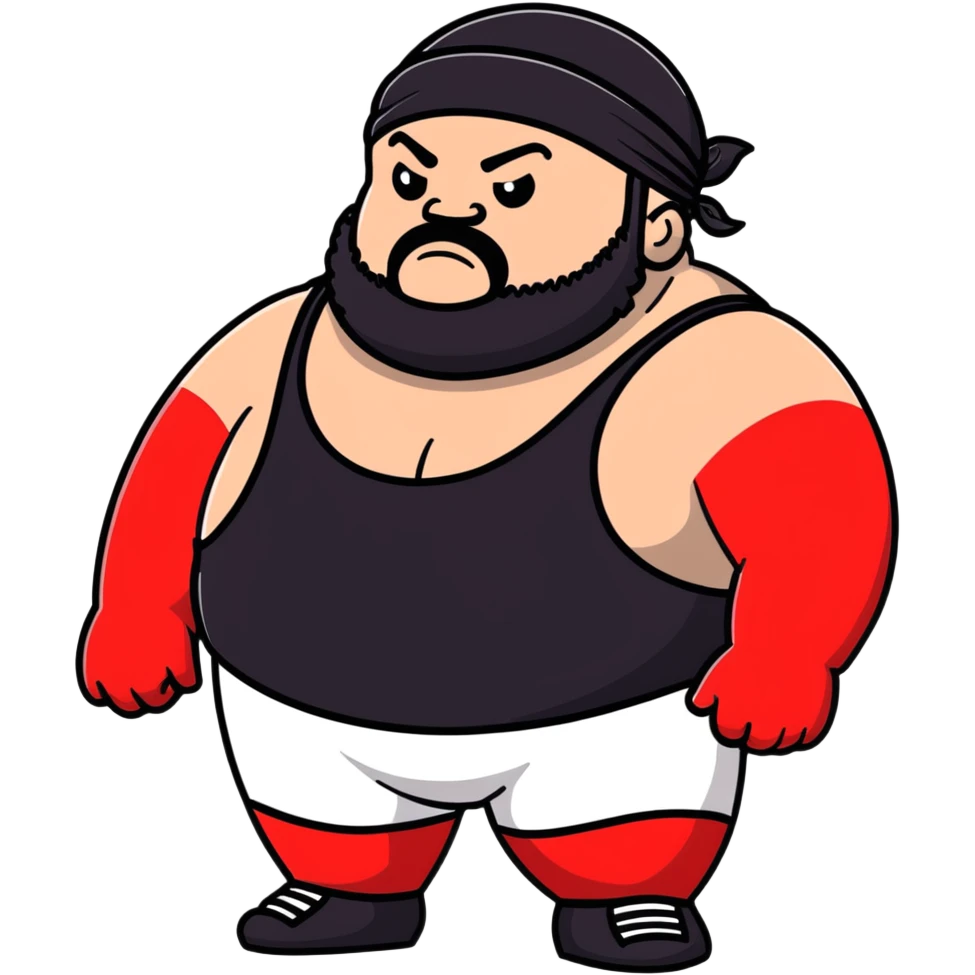 White skin fat guy with black durag, black beard, and black eyes in a red and black wrestling singlet emoji