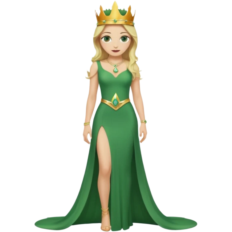 Queen, crown, blonde hair, green eyes, long green tight dress, Leg slit, whole Body, emoji