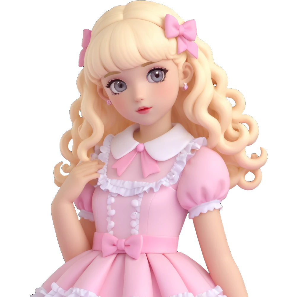 pale girl , who has curly medium length blonde and baby pink swirled hair with bangs , grey eyes , and doll like makeup , in a light pink lolita hime gyaru dress  emoji