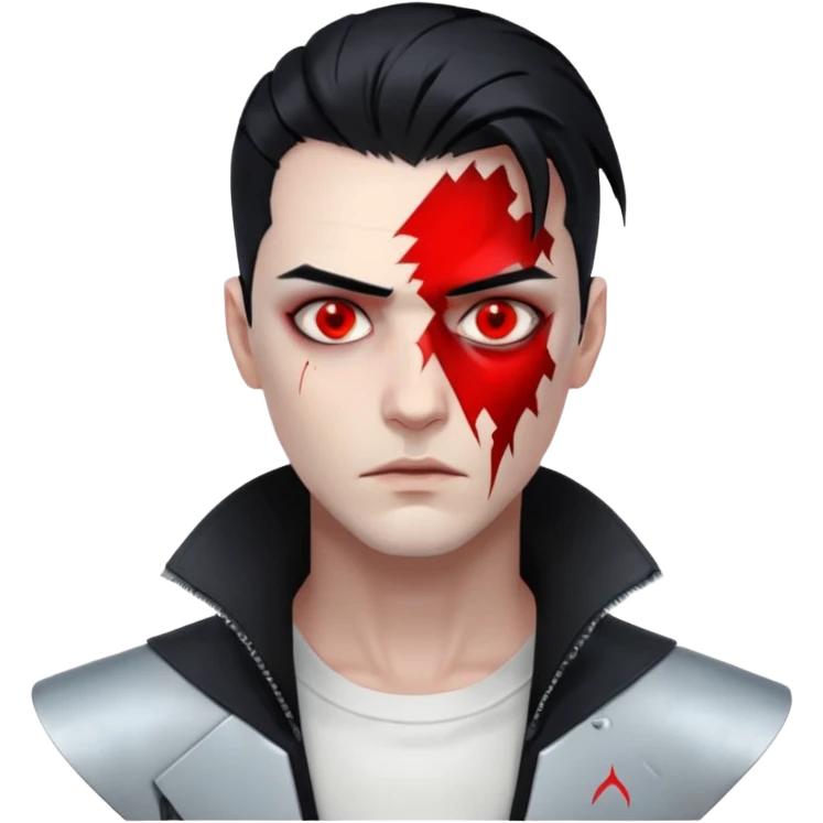 Cyberpunk man, slicked hair, silver metal jaw prosthetic, glowing red eyes, cold expression, clinical lighting emoji