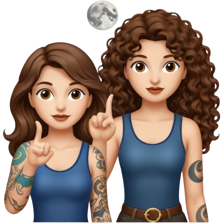 moon symbol discovery — long wavy brown hair tattooed woman and short tight curly brown hair woman — pointing up emoji