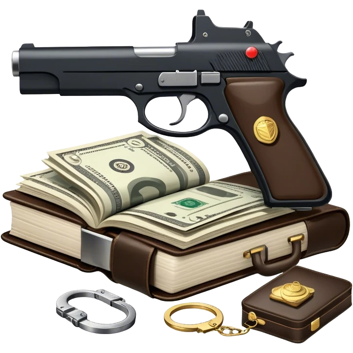 Icon for Action & Crime Reading: open book with text and picture, with a silhouette of a gun, a bag of money, and a police badge on the pages. Surrounding elements include a pair of handcuffs, a briefcase, and scattered bullet casings. Transparent background. emoji