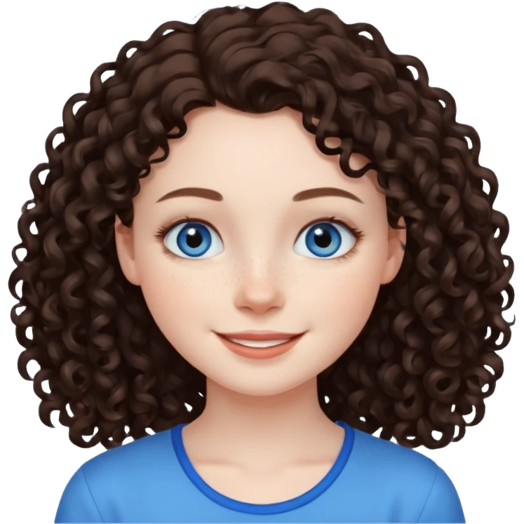 girl with dark brown curly hair, pale skin, blue eyes, some freckles, smiling emoji