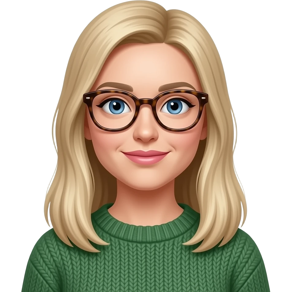 a white woman with long, chest length, straight very long dirty blonde hair. she should be wearing thick rimmed tortise shell glasses, pinker lips, wearing a green sweater and have blue eyes. emoji