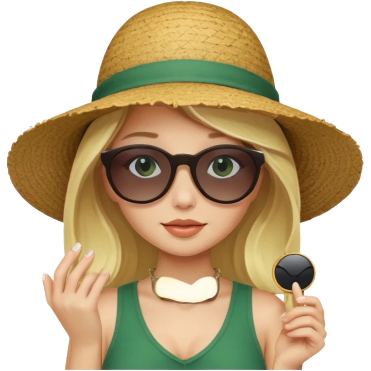 
blonde girl in dark green beach big hat adjusting sunglasses emoji