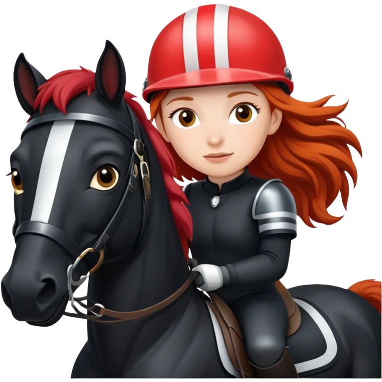 A red-haired girl with a helmet is a rider with a black horse with a white stripe on her face emoji