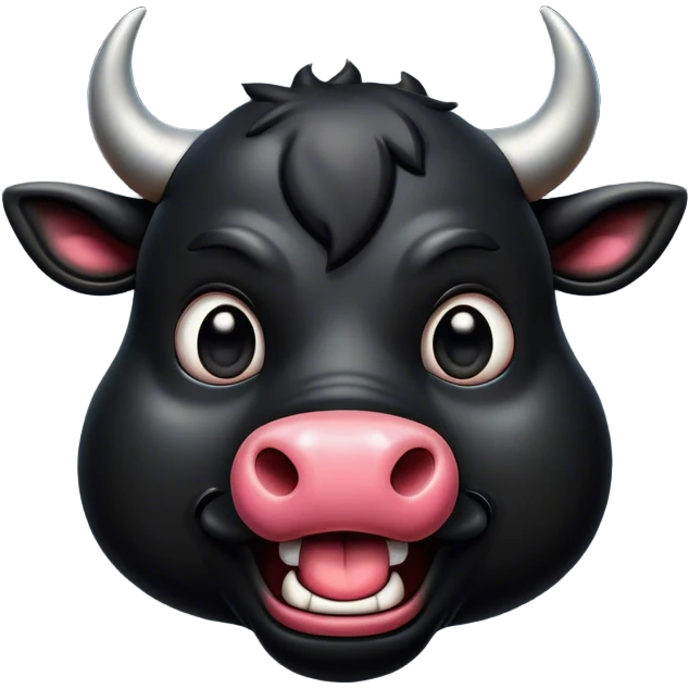 Cinematic Comical Black Bull Portrait Emoji, Head tilted dramatically with an exaggeratedly amused expression, featuring a striking, glossy black hide with a bold natural sheen, wide, expressive dark eyes filled with playful disbelief, Simplified yet hilariously expressive features, highly detailed, glowing with a slightly sassy glow, high shine, dramatic yet playful, stylized with an air of cheeky mischief, bright and endearing, soft glowing outline, capturing the essence of a spirited and over-the-top bull, so meme-worthy it feels like it could charge its way into internet fame instantly! emoji