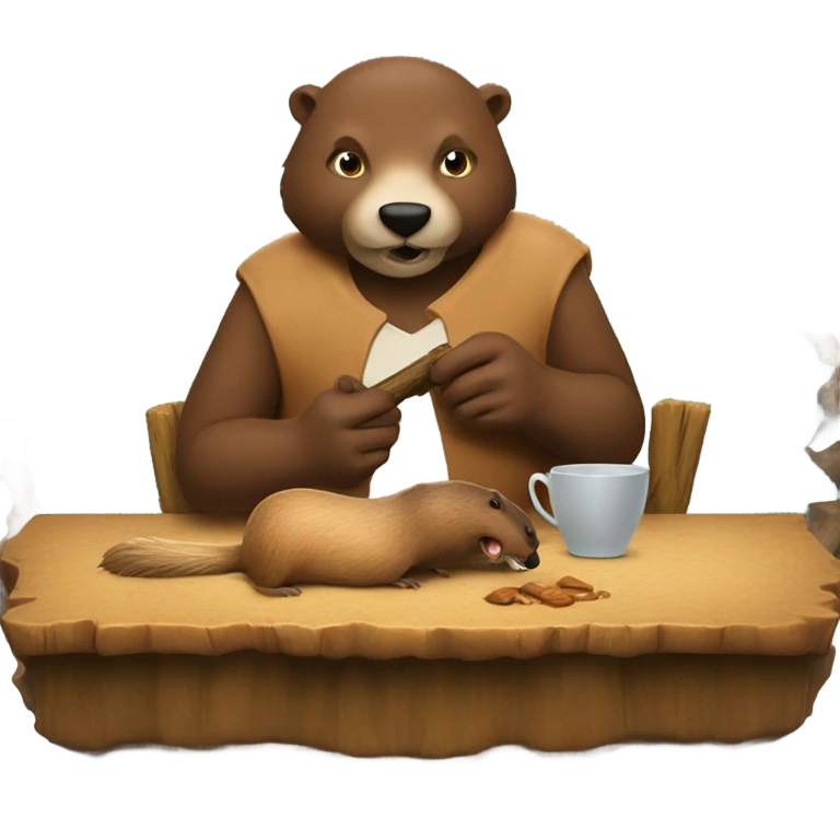 A guy is sitting with a beaver at a table and they are eating a log emoji