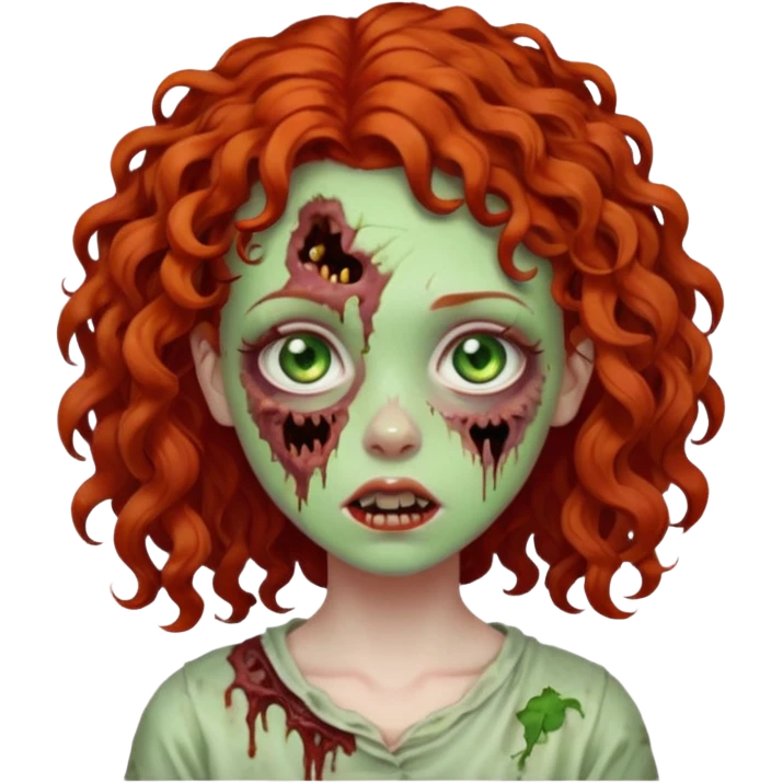 a curly girl red-haired with green eyes zombie emoji