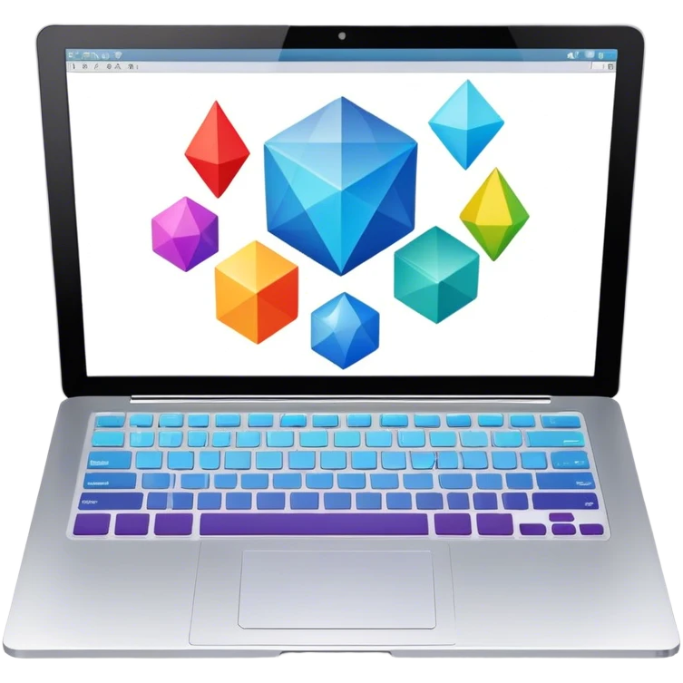 Professional icon for Graphic Design: a laptop with Photoshop open on the screen, displaying geometric shapes like spheres, cubes, and pyramids, along with a stylus. The icon should reflect the creative process in graphic design. Transparent background. emoji