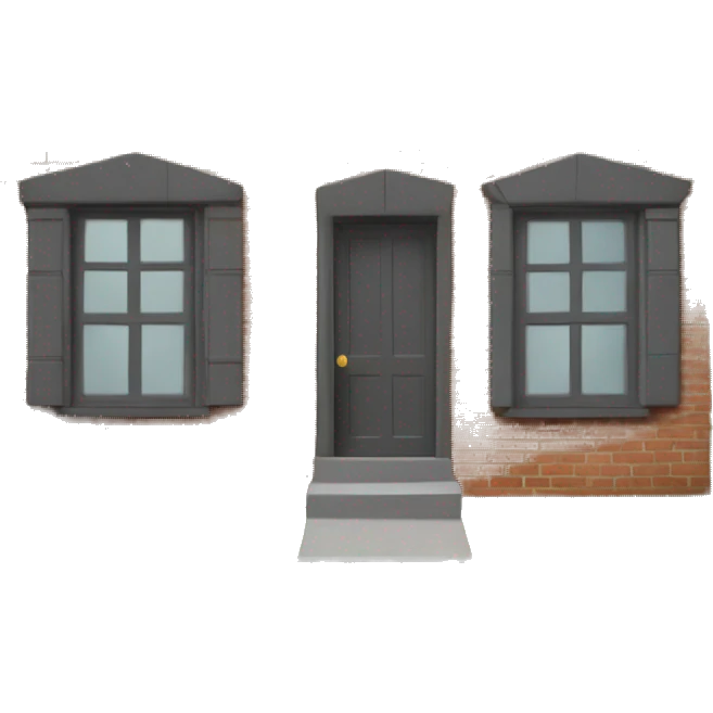 house made of bricks, with dark grey windows and roof with a tree  emoji