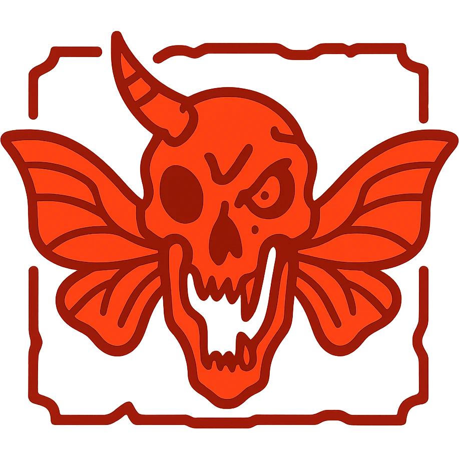 extremely terrifying minimalist red line art of nightmarish minotaur-stoat skull with jagged broken horn and disturbing malevolent eye, twisted moth wings, hollow transparent middle, unsettling outline frame with sharp edges, deeply unsettling asymmetrical features, subtle suggestion of gore, menacing minimal design, weathered and broken frame, 100% red emoji