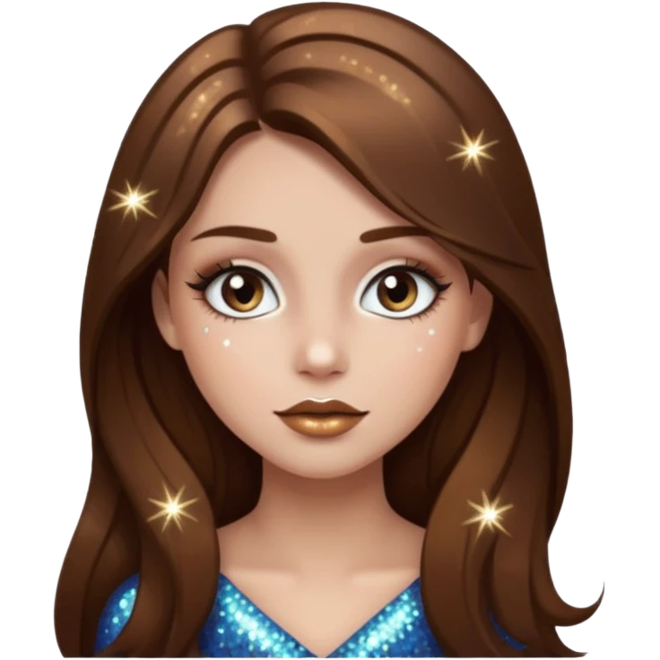 Girl with long brown hair with sparkly white eyeshadow and sparkles on face and bronze lipstick  emoji
