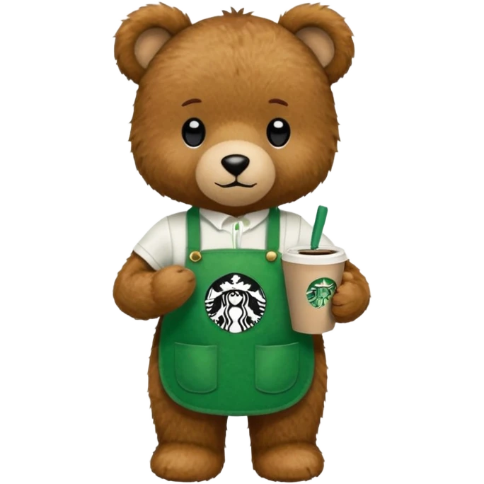 teddy bear wearing green apron with one cup of starbucks coffee emoji
