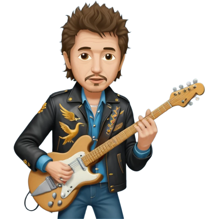 realistic cinematic bob dylan, unshaven and long haired, in a motor jacket embroidered with bronze cranes, plays an electric guitar emoji