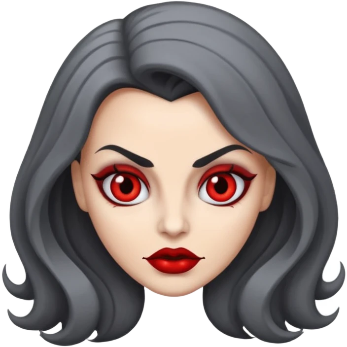 vampira com o tom de pele cinza com os olhos vermelhos, cabelos longos e ondulados e pretos emoji