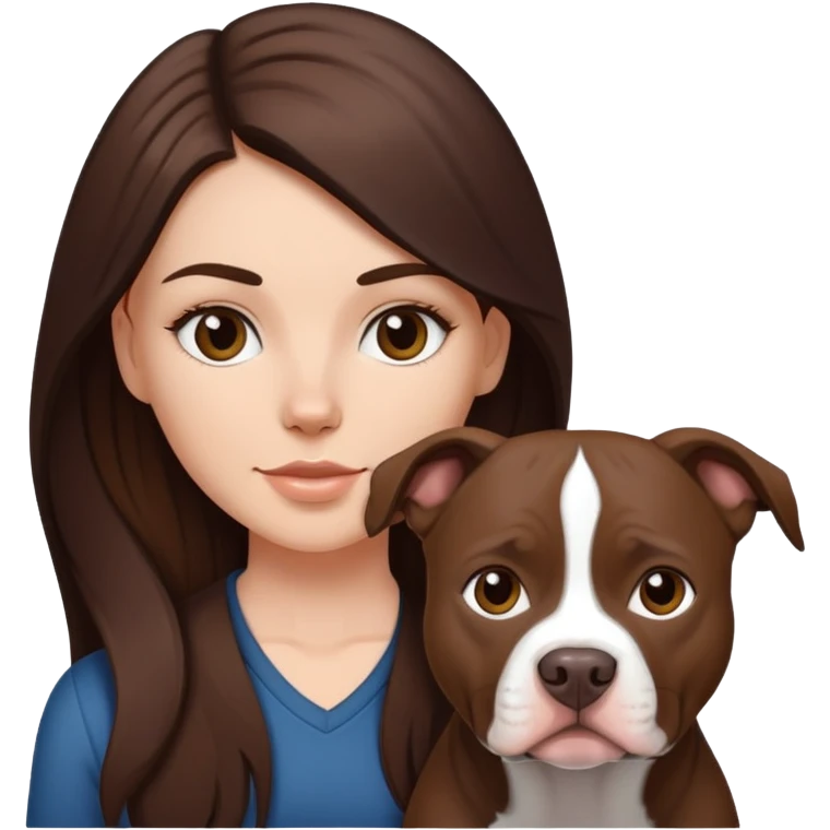 White girl with dark brown long hair with her pitbull dog emoji