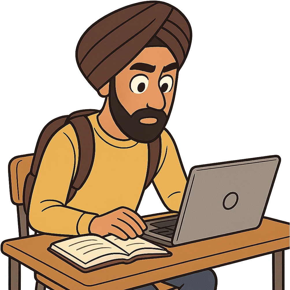 university sikh boy cartoon style sitting at a desk laptop open turban focused on studying emoji