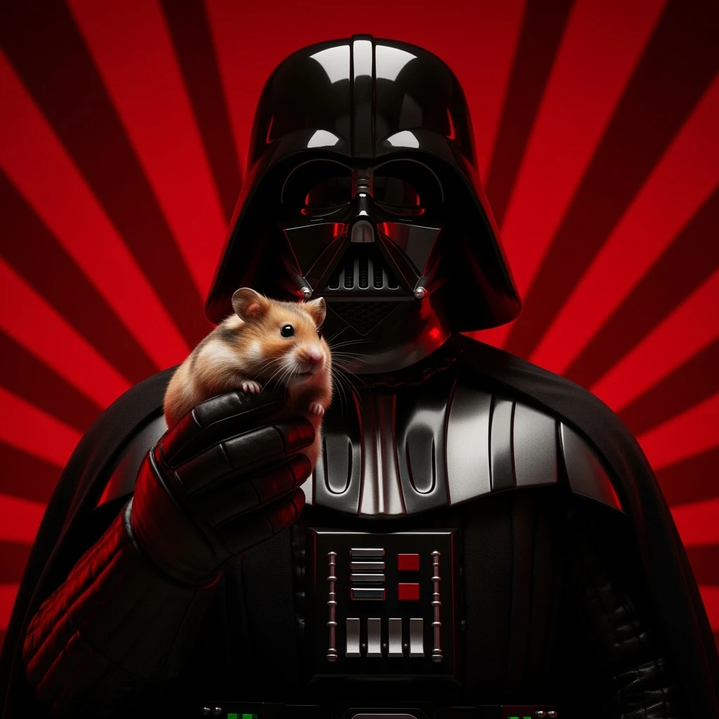 Closeup Photo of a darth vader holding big hamster, low key light, red solid background with leading lines, back light, spot light emoji