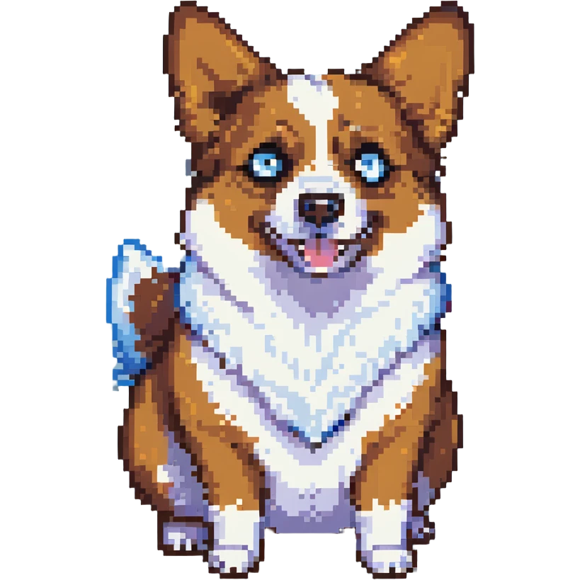 pixel art corgi, black fur, white underbelly, left brown eye, right light blue eye, scared expression emoji