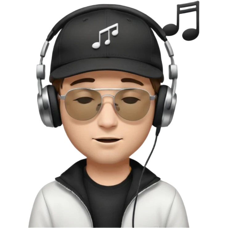 dj man white with baseball cap - rayban Sun Glasses 80s - brown hair - closed eyes with headphones on with musical note over head (listening to music ) - eyes closed no glasses - black hat  musical notes floating around head -  emoji