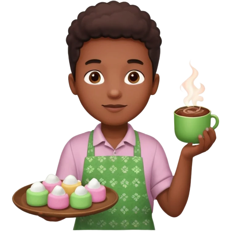 A young black vendor boy with pink cheeks, holding a tray of marshmallow-topped cocoa wearign green patterned apron emoji