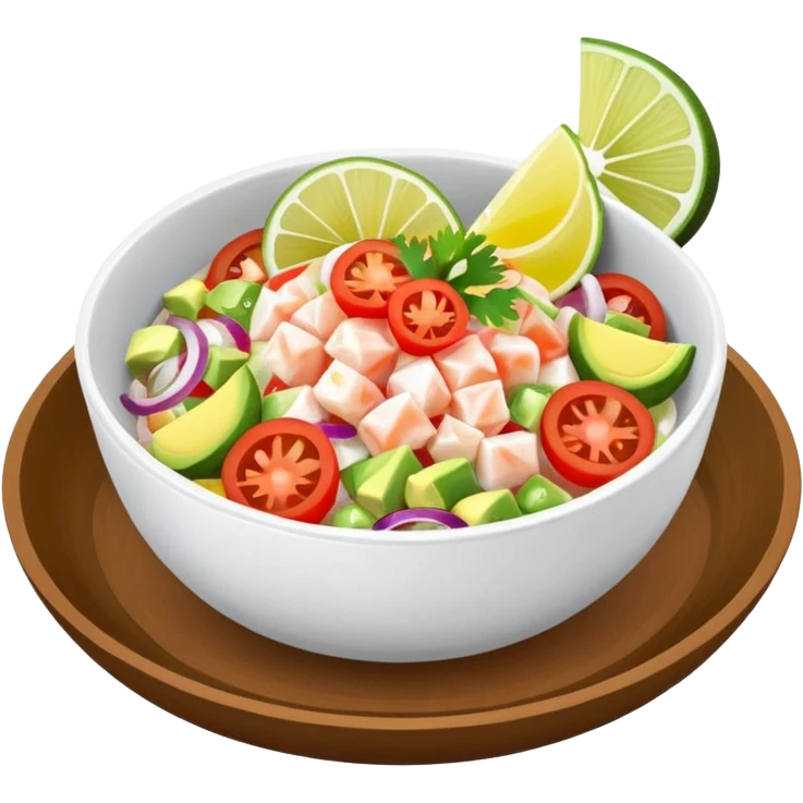 Mexican fish ceviche with lemon and sliced tomato, avocado and onion in a small bowl, fresh and colorful emoji