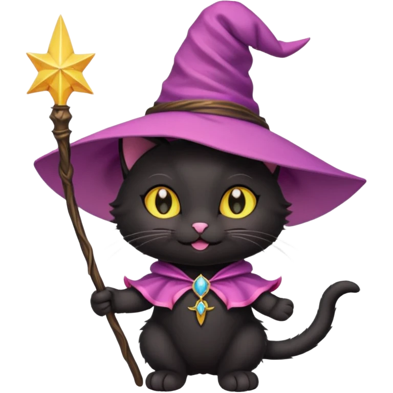 Gotito negro con ojos amarillo sonriendo feliz con los bigotes largos y disfraz de bruja de color rosa el disfraz con varita emoji