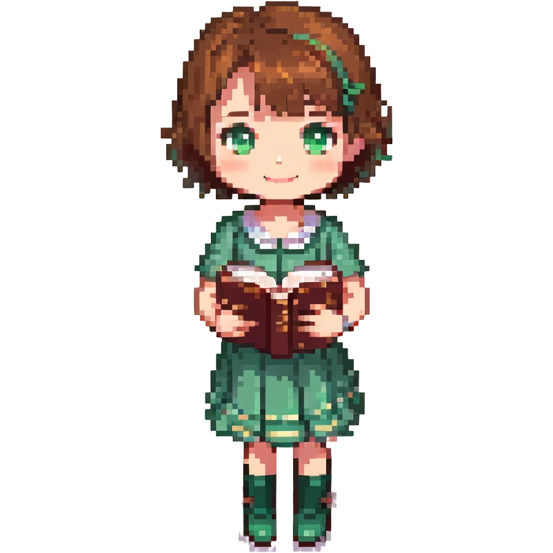 pixel art cute girl with chibi proportions, short brown hair, sparkling eyes, green dress, holding book, standing smiling, facing forward, bright colors, soft shading emoji