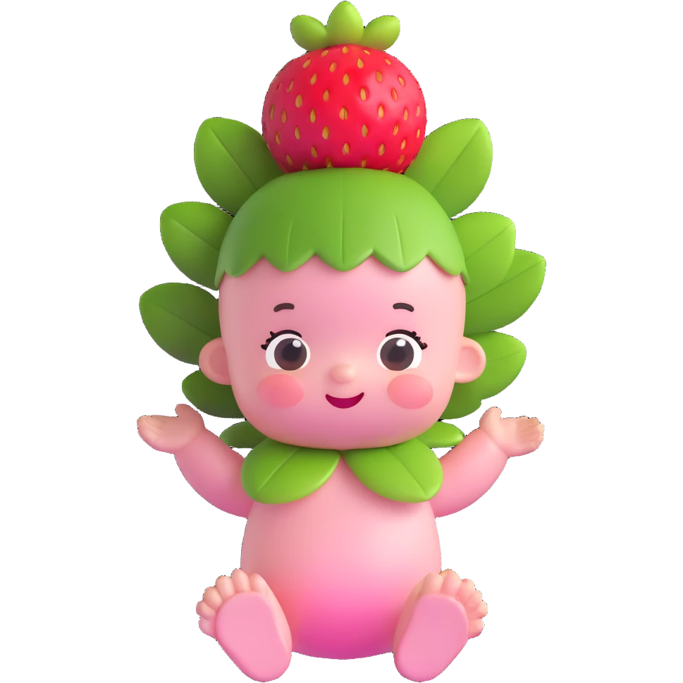 3D style baby character with round plush body, pink skin, strawberry leaf and small strawberry on head, joyful expression emoji