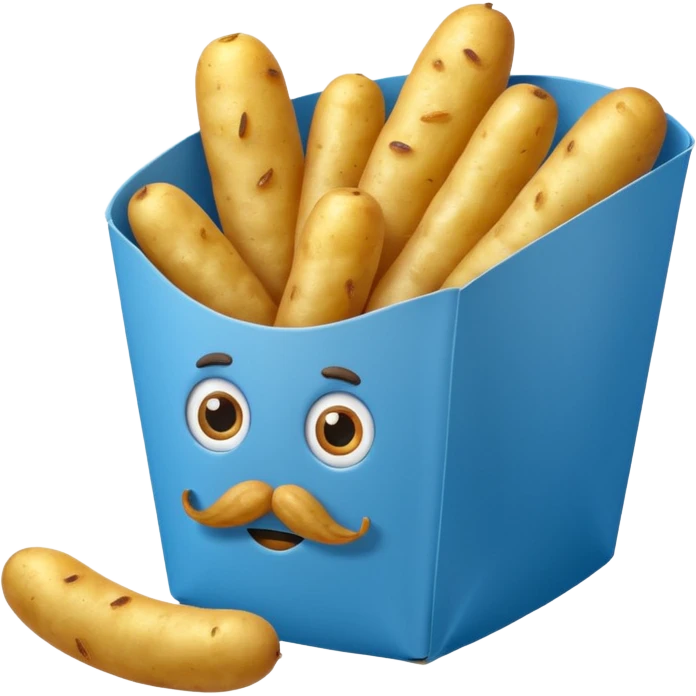 long slim fried potatoes in a blue carton, carton has eyes and mustache emoji