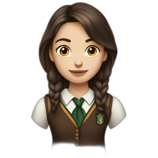 Fille brune aux yeux marron blanche de peau et avec une tenue de la maison serpentard dans Harry potter emoji