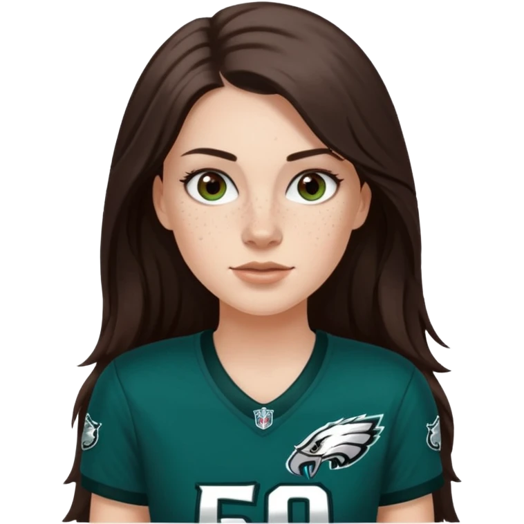 White girl with long darkish brown hair and freckles wearring a Philadelphia eagles jersey emoji