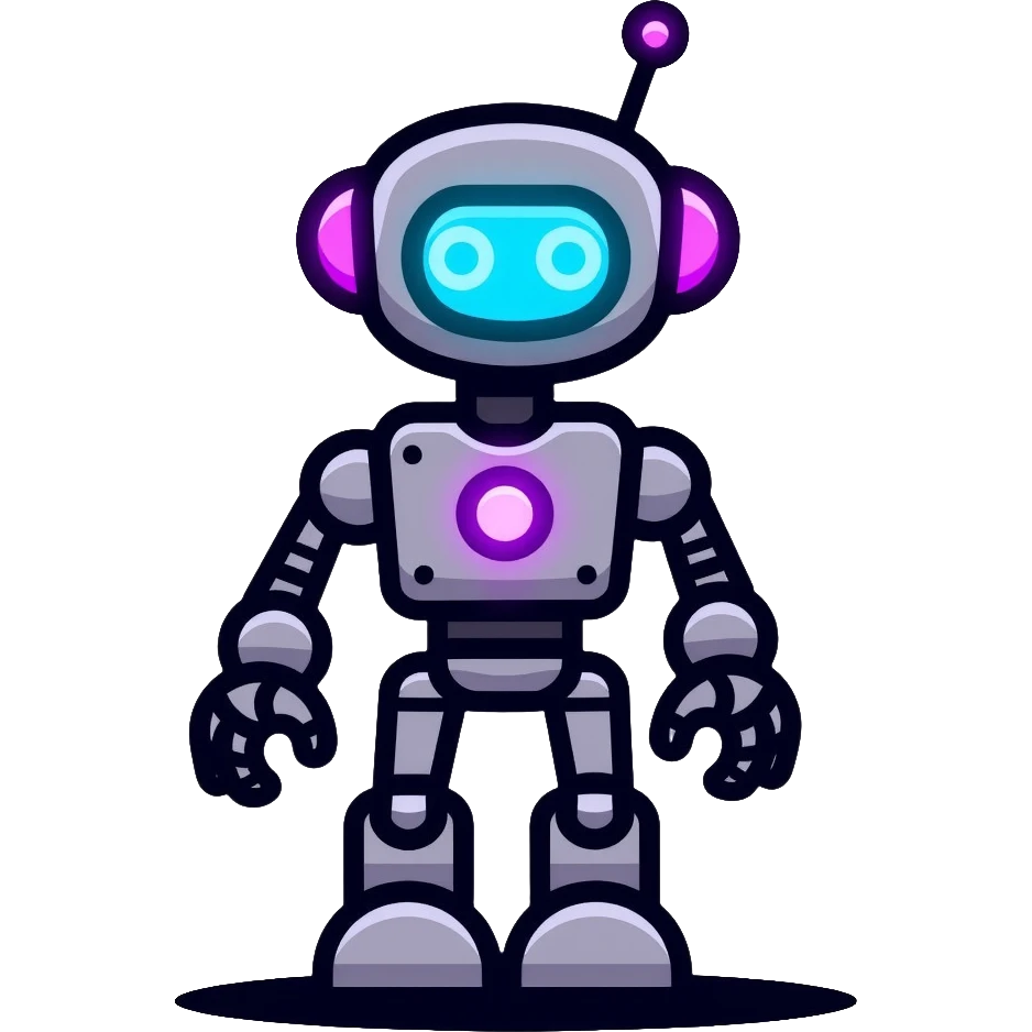 chatbot robot in gray color, with neon glow lines, blue neon glow on top left, purple neon glow on bottom right emoji
