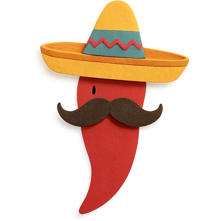 paper craft style red chile pepper with a sombrero and a Mexican moustache emoji