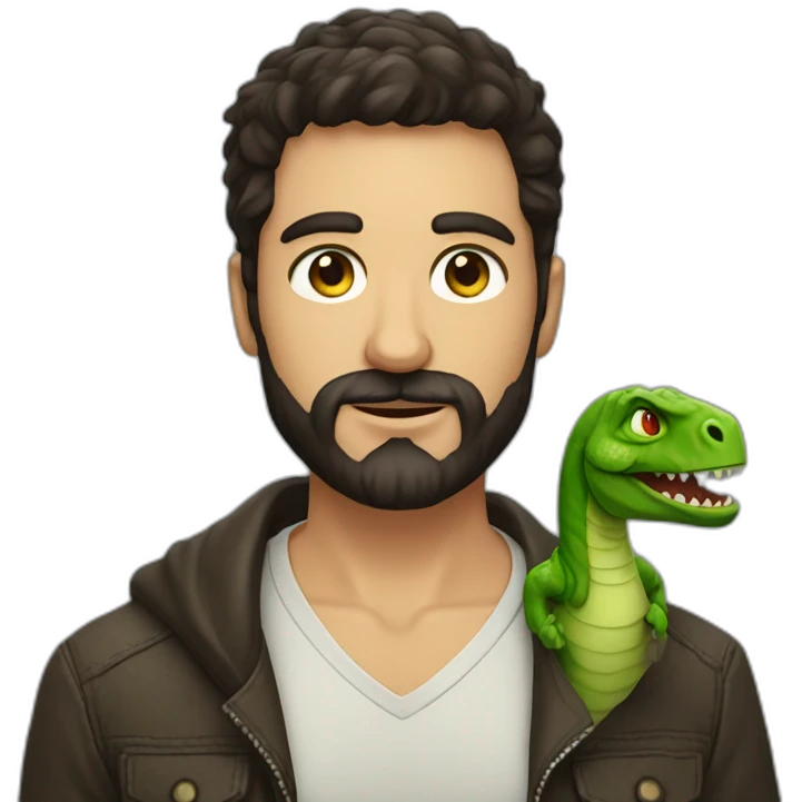 nice man green eyes, dark hair and barbe holding a dinosaur emoji