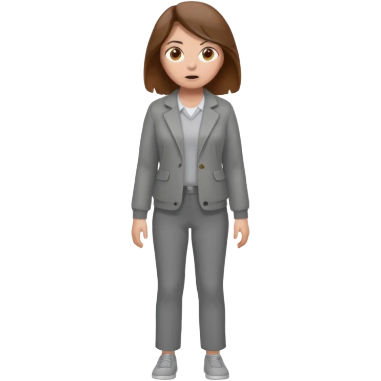 Chica grande  asustada de cuerpo completo con pelo castaño pantalones grises y saco gris  emoji