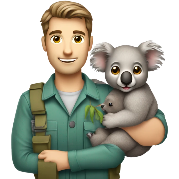 Caucasian brown hair male zookeeper holding cute koala emoji