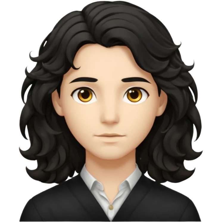 his avatar has shoulder-length black wavy hair with loose curls framing the face, and a long, pointed face with golden-brown eyes and a calm, neutral expression. emoji