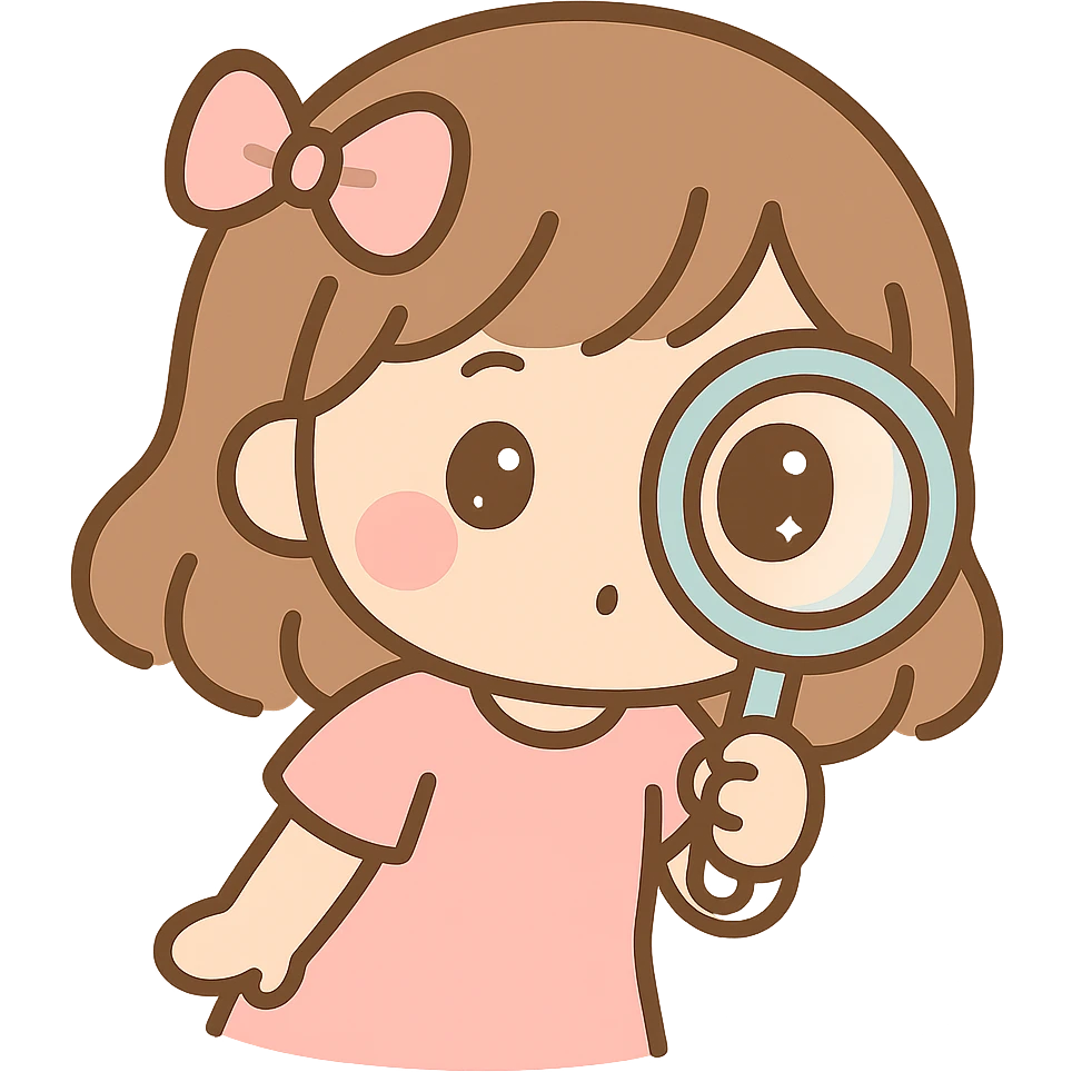 chibi style cute girl with brown hair, intensely examining something with a magnifying glass emoji
