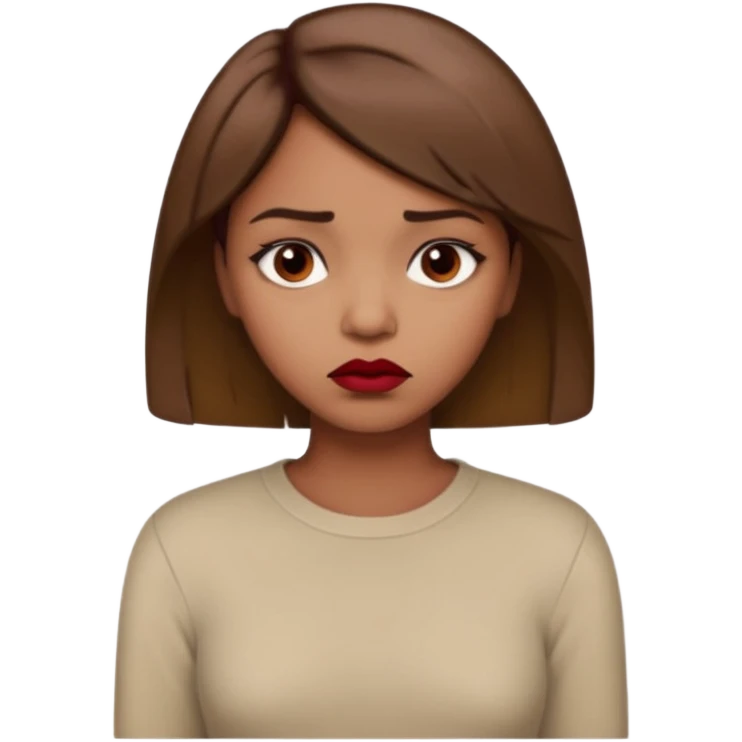 a brown girl with short light brown hair wearing a beige full sleeve and looking sad. dark red lip emoji