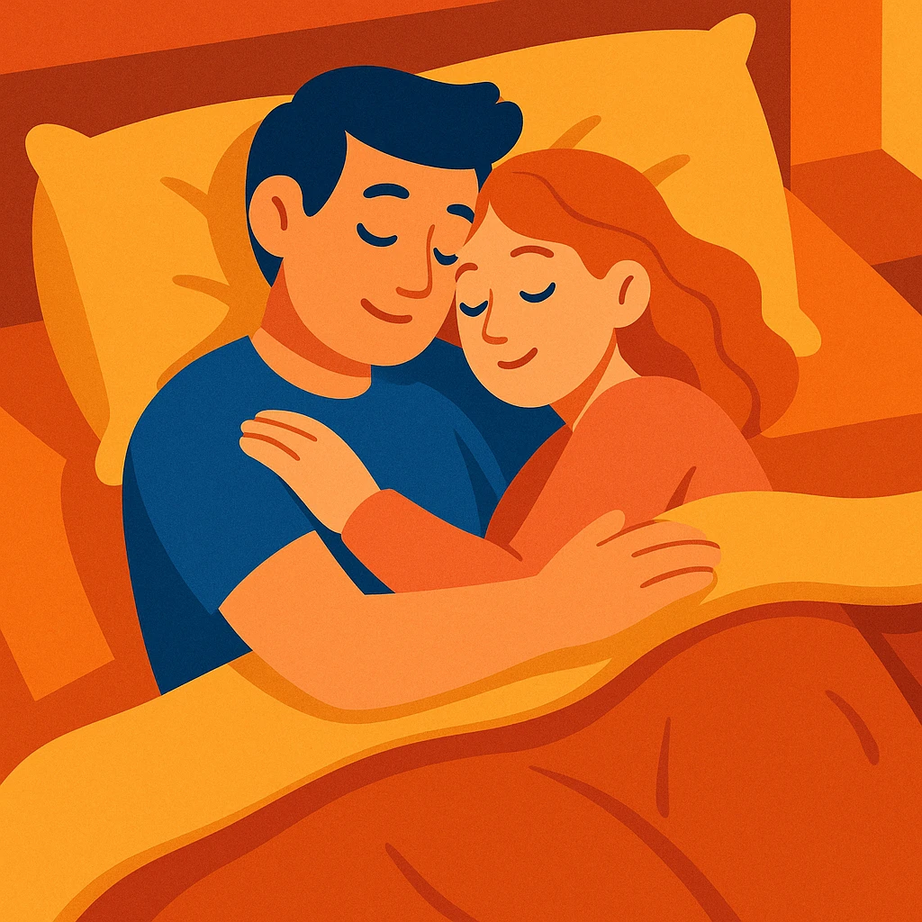 a couple sleeping while hugging, soft and peaceful, in a cozy bed, illustration, warm and gentle colors emoji